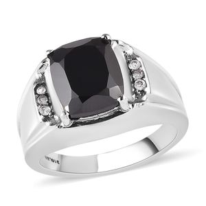 Men's Ring, Natural Thai Black Spinel and Zircon Gems. Non-Tarnish S Steel, 12 